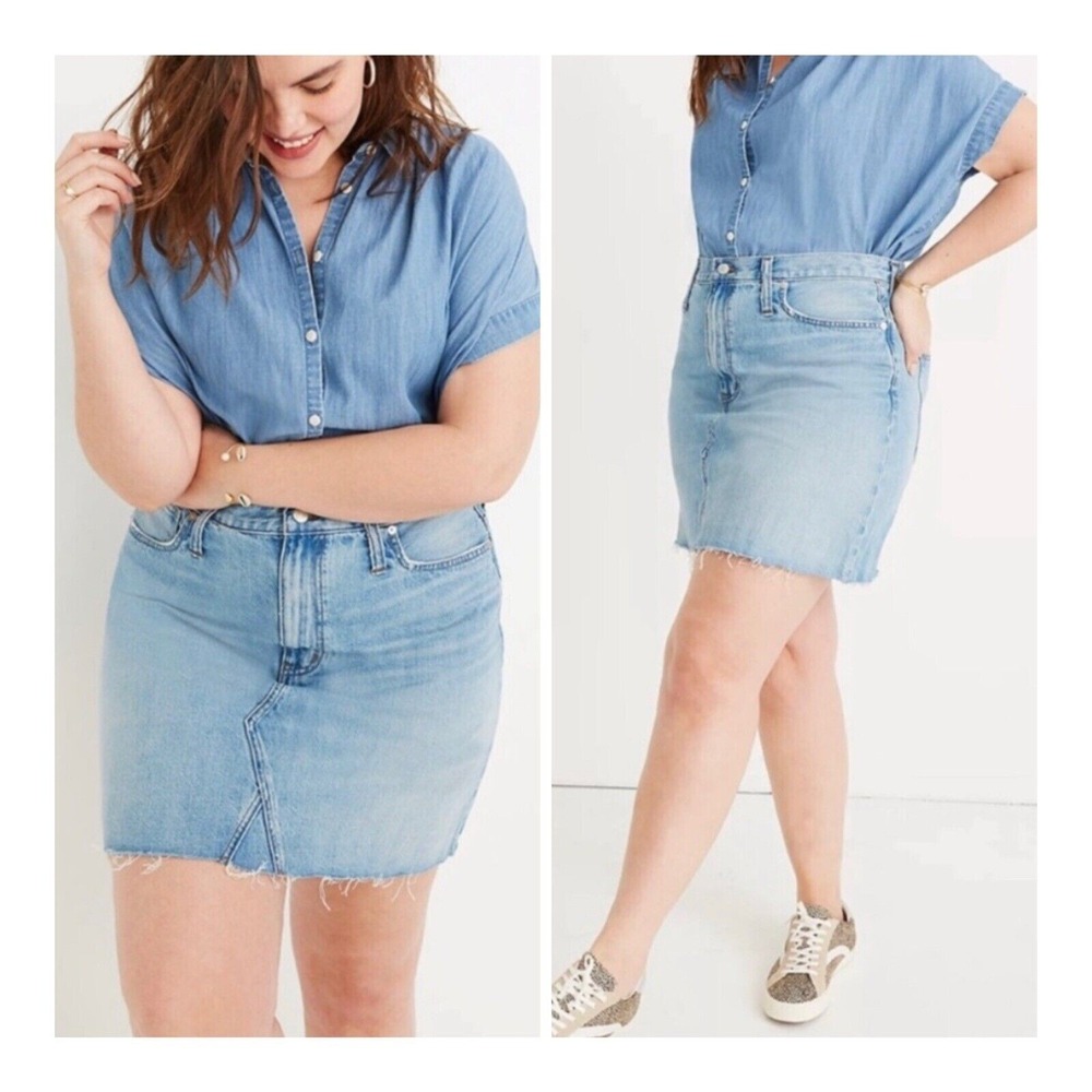 Madewell‎ Rigid Denim A-Line Skirt Mini Raw Hem Medium Wash Plus Size 32 NWT